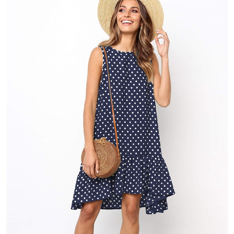 Lossky Women's Polka Dot Chiffon Sleeveless Beach Min Summer Dress.