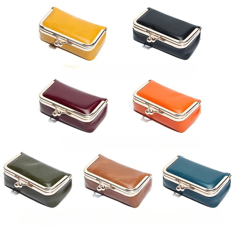 Compact Genuine Leather Kiss-Lock Mini Accessorie Pouch