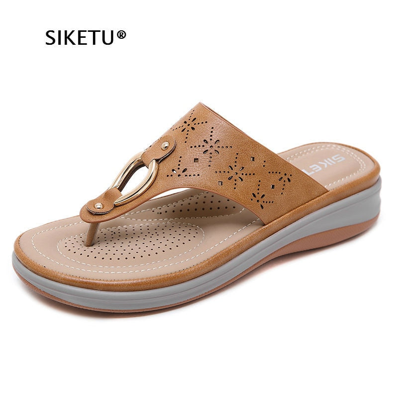 TIMETANG Soft Leather Platform Beach Sandals With Low Comfortable heels.