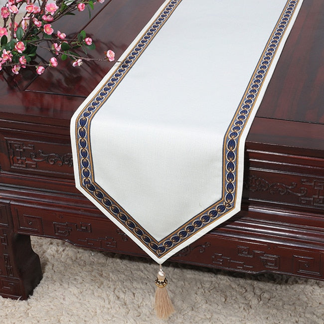 Rose Linen Table Runner With Tassels.