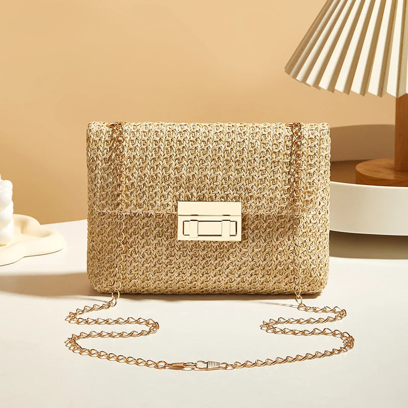 Women's Woven Straw Shoulder Bag With Chain Strap and Buckle Clutch Closure