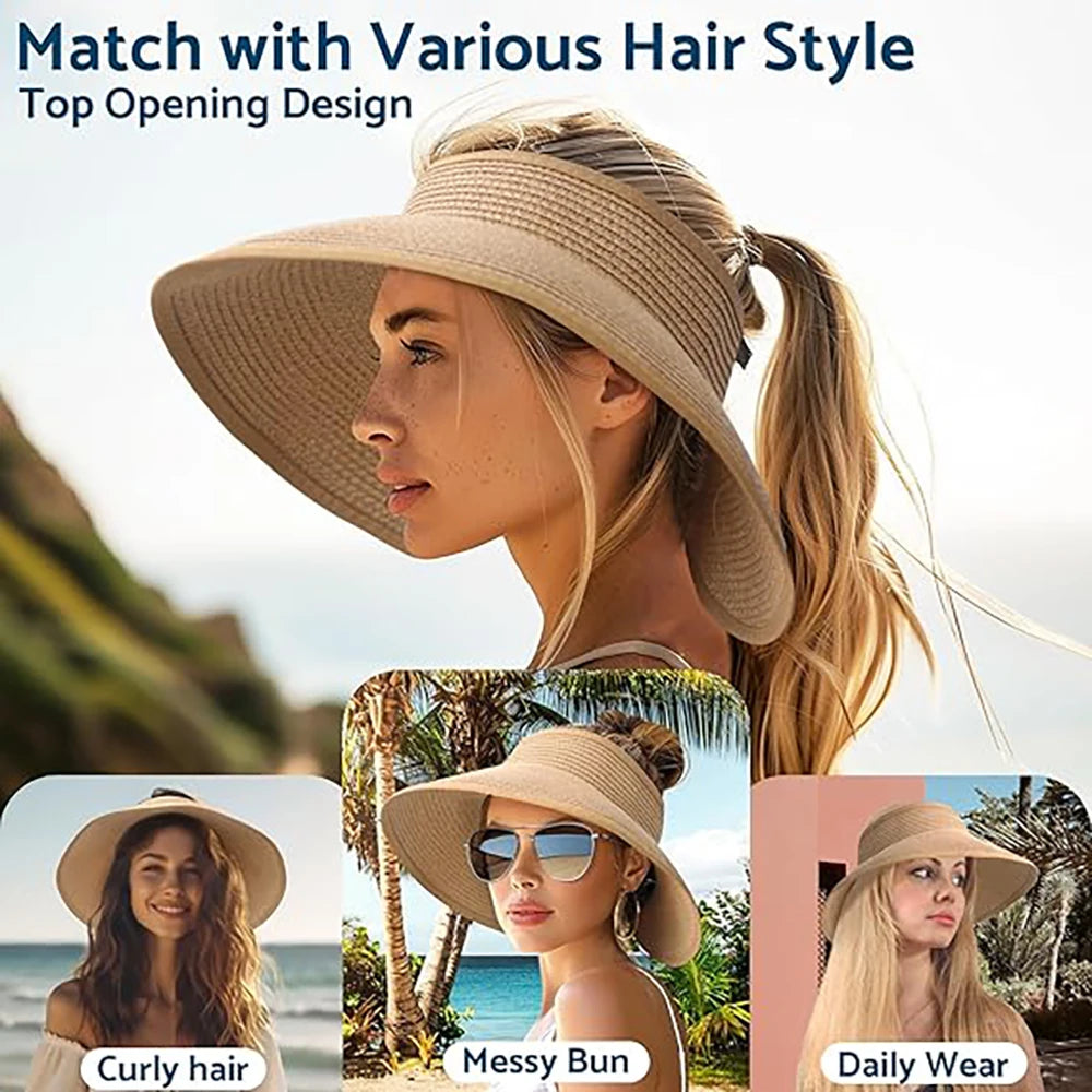 Women's Foldable Ponytail Straw Travel Sun Hat
