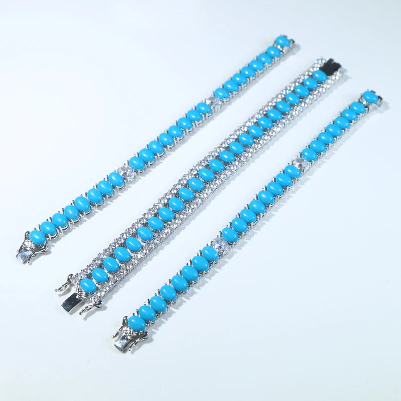 17-19CM Platinum Plated Turquoise Blue With White CZ Stone Tennis Bracelet