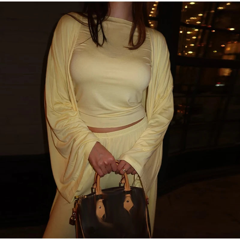 Women's 3 Piece Off Shoulder Sleeveless Cropped Tank Top With Elastic Wide Leg Pant And Long Cardigan