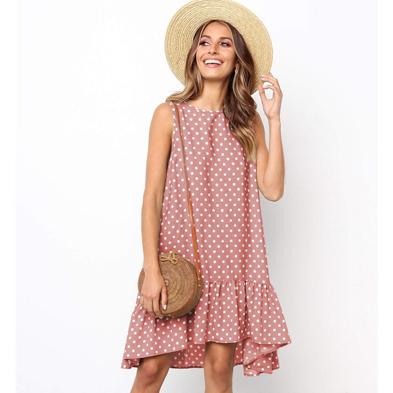 Lossky Women's Polka Dot Chiffon Sleeveless Beach Min Summer Dress.