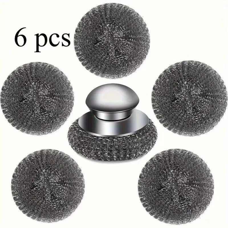 6pcs SUS Handle Steel Wool Scrubber with 5 Replacement Balls Stain Remover for Grills