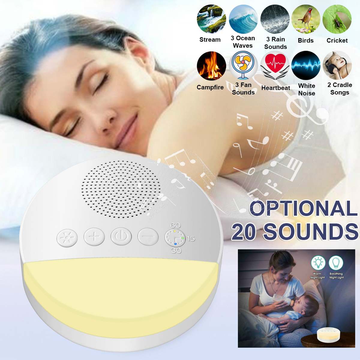 White Noise Machine With USB Rechargeable, Night Light And Timer For Automatic Shutdown.
