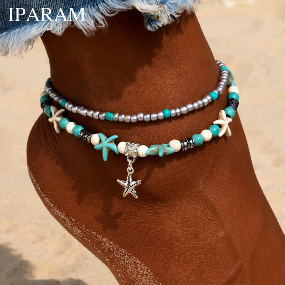 IPARAM Bobo Retro Bohemia Round Rune Starfish Anklet Pull Bead Bracelet.