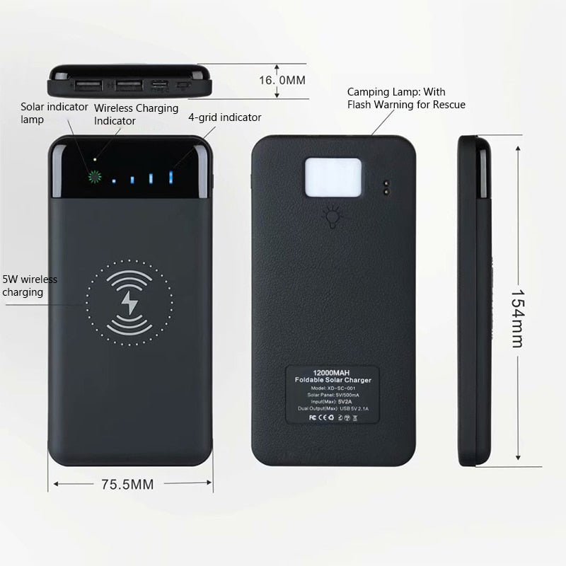 12000mAh Wireless Power Bank Foldable Solar Charger Powerbank Portable External Battery Pack