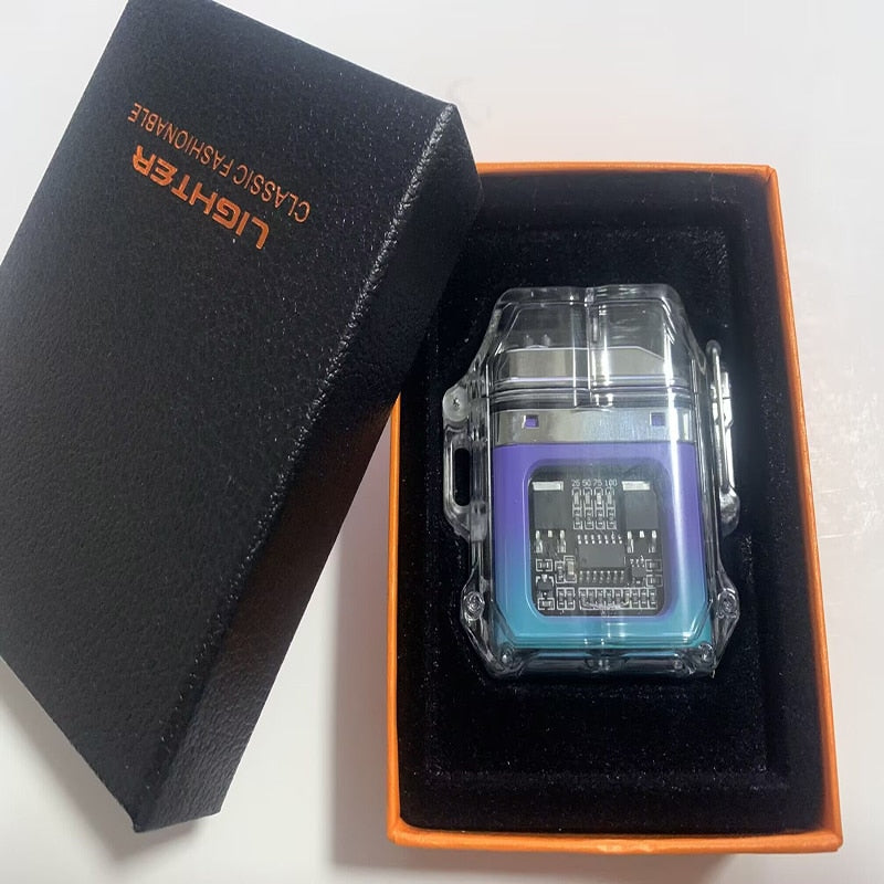 New Outdoor Windproof Waterproof Double Arc Cigarette Lighter Transparent Body Lighter USB Pulse Lighter Camping Lighter
