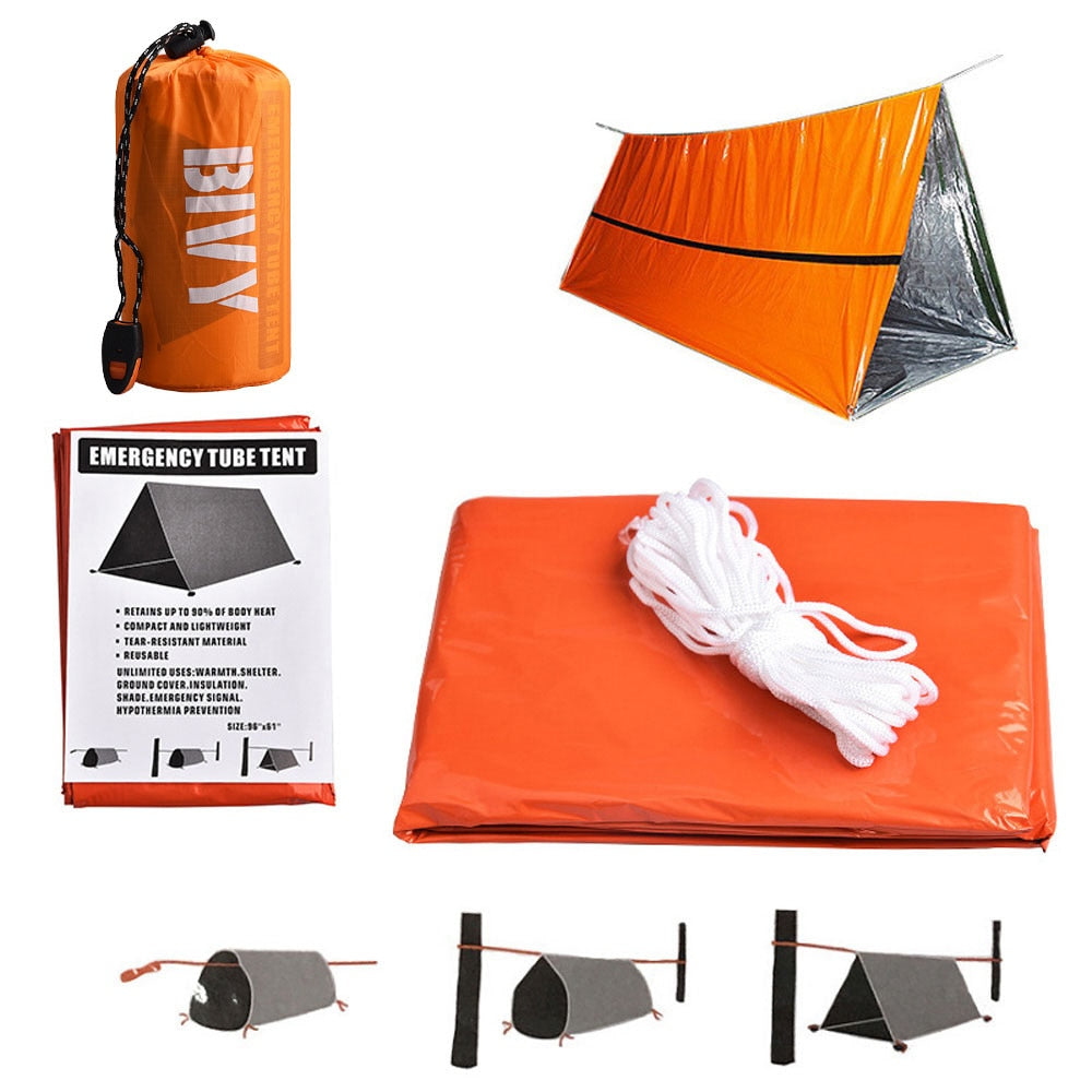 2 Person Emergency Shelter Survival Bivy Tube Tent Kit Thermal Blanket SOS Sleeping Bag Waterproof Survival Equipment