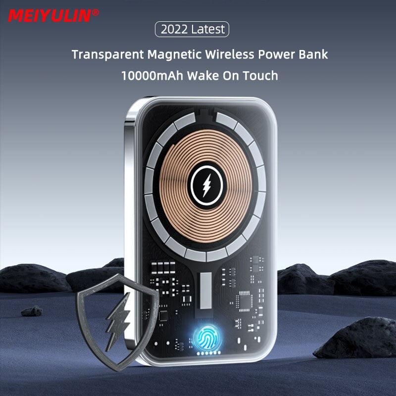 10000mAh Transparent Magnetic Wireless Power Bank Portable External Auxiliary Battery 22.5W Fast Charger for iPhone 14 13 Xiaomi