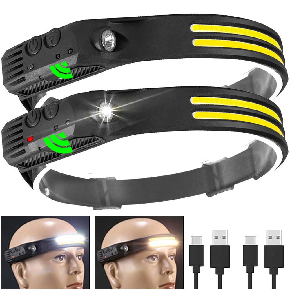 New Sensor Headlamp COB LED Head Lamp Flashlight USB Rechargeable Head Torch 5 Lighting Modes Head Light with Built-in Battery