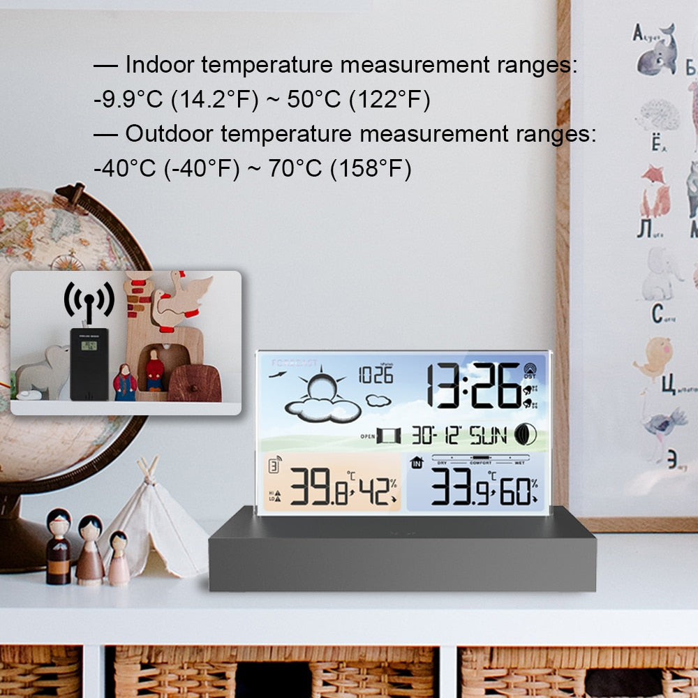 Transparent Weather Station Glass Colour Screen Thermometer Hygrometer Digital Temperature Humidity Monitor Weather Forecast