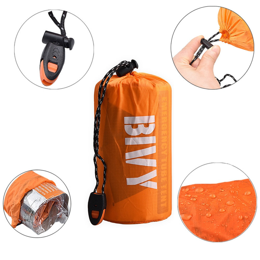 2 Person Emergency Shelter Survival Bivy Tube Tent Kit Thermal Blanket SOS Sleeping Bag Waterproof Survival Equipment