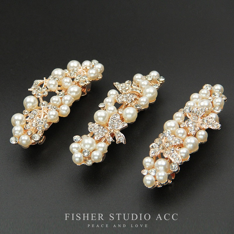 Elegant Imitation Pearl with rhinestones metal hair clip.