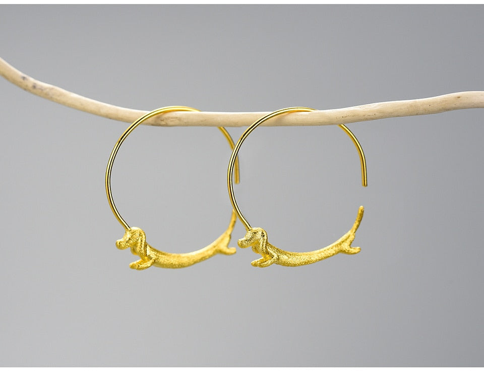 Lotus Fun Lovely Flying Dachshund Dog Big Round Hoop Earrings Real 925 Sterling Silver 18K Gold Earrings for Women Fine Jewelry