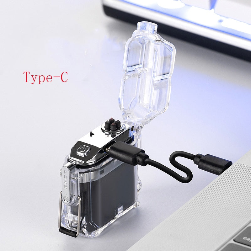 New Outdoor Windproof Waterproof Double Arc Cigarette Lighter Transparent Body Lighter USB Pulse Lighter Camping Lighter