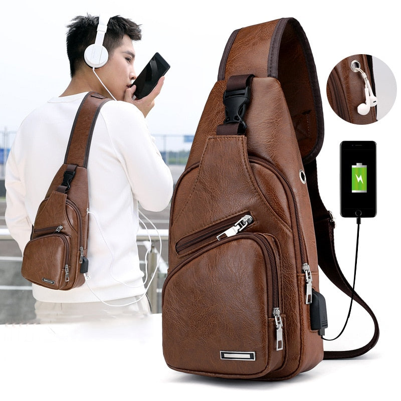 CARANFIER Chest Pack USB Charging PU Leather Shoulder Bag