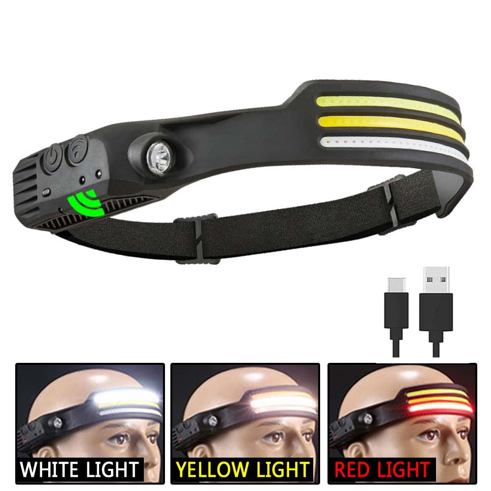 New Sensor Headlamp COB LED Head Lamp Flashlight USB Rechargeable Head Torch 5 Lighting Modes Head Light with Built-in Battery