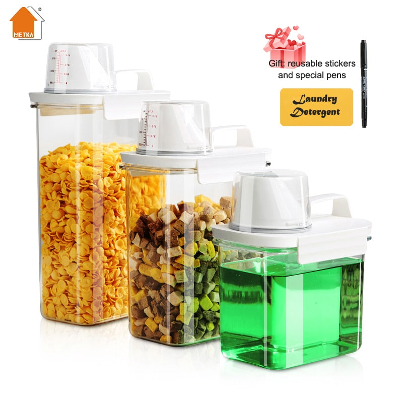 METKA Multipurpose Plastic Storage Container with Measuring Cup. Great for Laundry Powder, Cereal or Pet food.