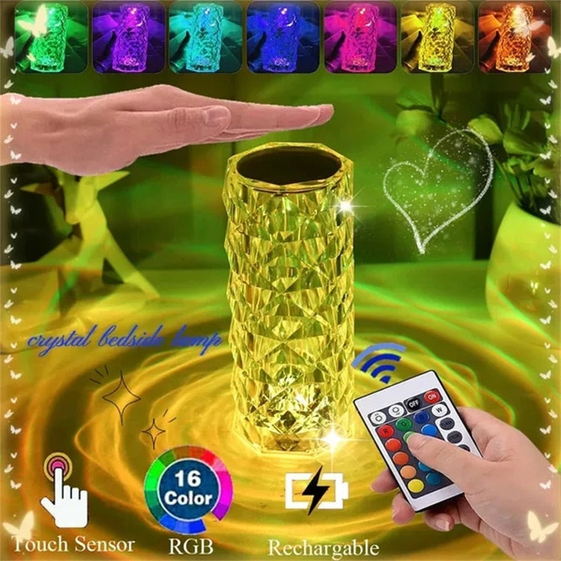 LED Crystal remote touch USB table lamp.  Romantic diamond color night light.