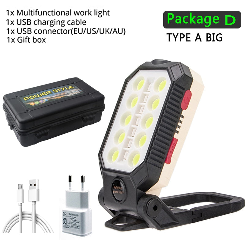 LED COB Rechargeable Magnetic Work Light Waterproof Camping Lantern Magnet Design with Power Display