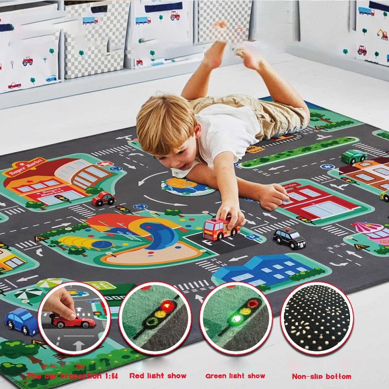 LED Anti-slip Kids Play Floor Mat. Pictures of Roads so Children Can Play Cars.