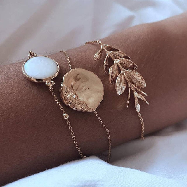 5Pcs/set Bohemian Gold color Moon/ Leaf Bracelet