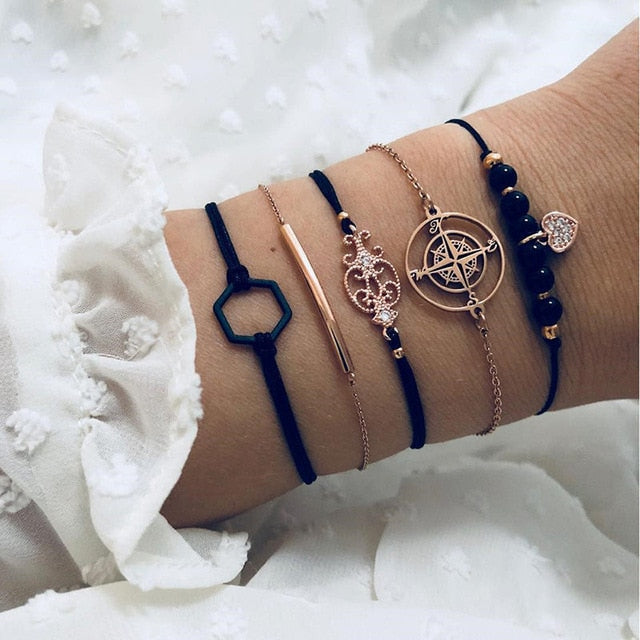5Pcs/set Bohemian Gold color Moon/ Leaf Bracelet
