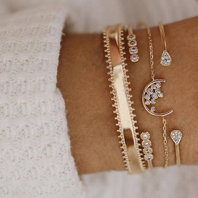 5Pcs/set Bohemian Gold color Moon/ Leaf Bracelet