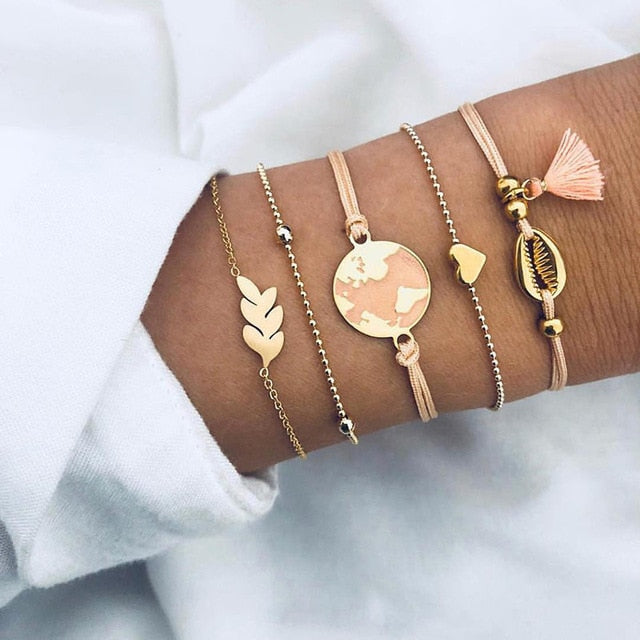 5Pcs/set Bohemian Gold color Moon/ Leaf Bracelet