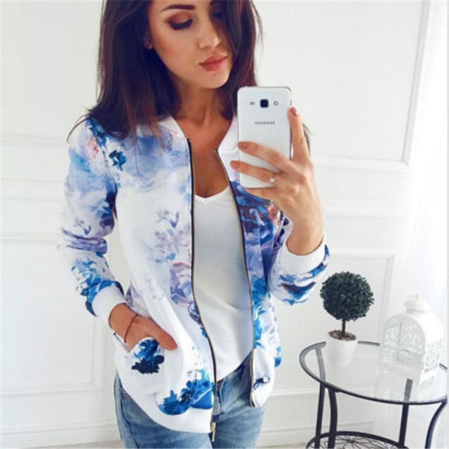 Women Floral Printed Lightweight Long Sleeve Zipper Jacket