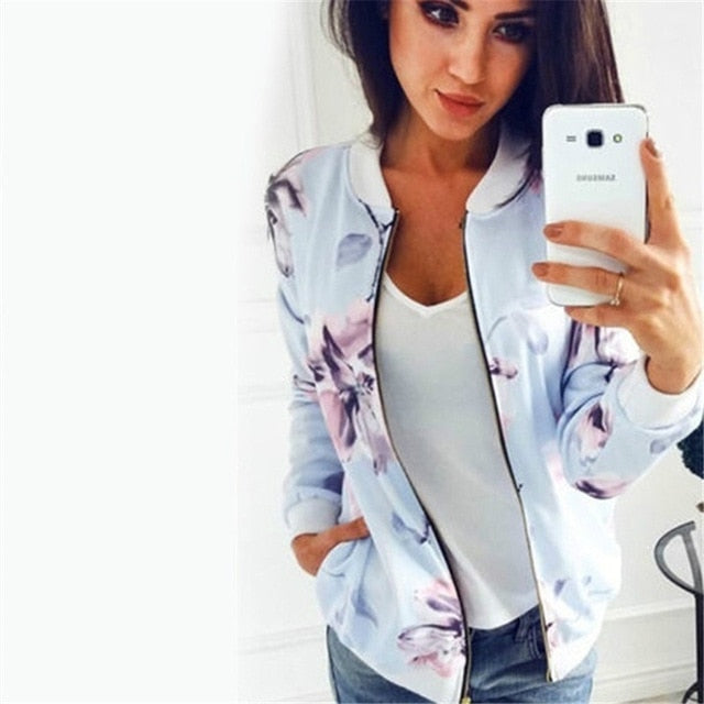Women Floral Printed Lightweight Long Sleeve Zipper Jacket