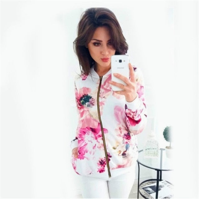 Women Floral Printed Lightweight Long Sleeve Zipper Jacket