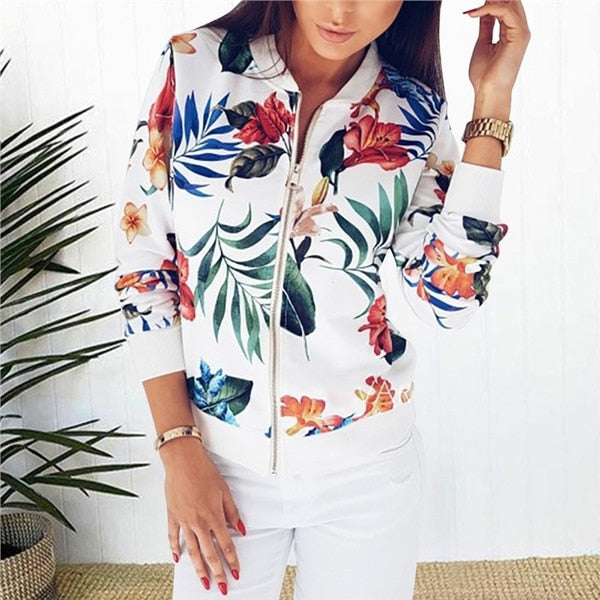 Women Floral Printed Lightweight Long Sleeve Zipper Jacket