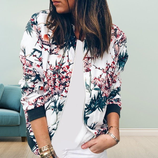 Women Floral Printed Lightweight Long Sleeve Zipper Jacket
