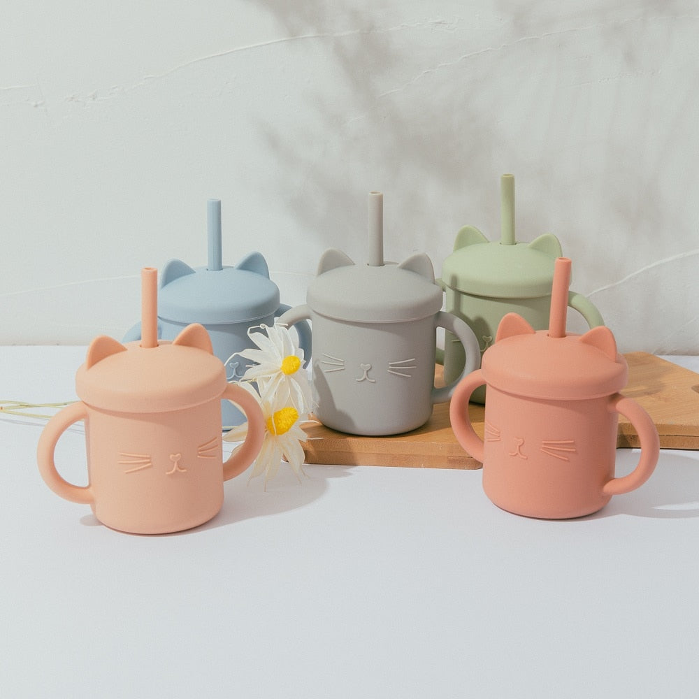 Silicone Cat Shaped Cup Learning Cup with Lid and Straw