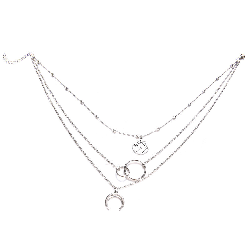 Retro Moon World Map Circle Pendant Multilayer Necklace