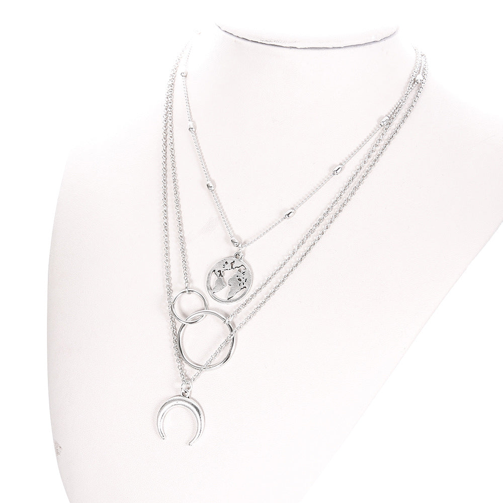 Retro Moon World Map Circle Pendant Multilayer Necklace