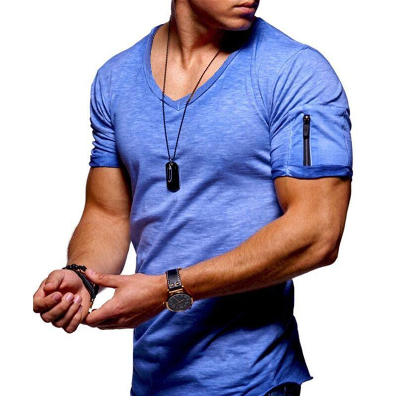 V-neck Fitness T-shirt Short-Sleeved Zipper Cotton Top