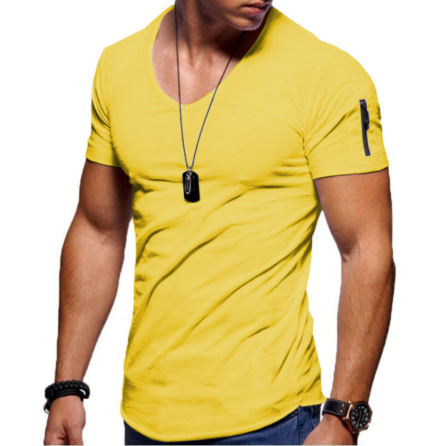 V-neck Fitness T-shirt Short-Sleeved Zipper Cotton Top