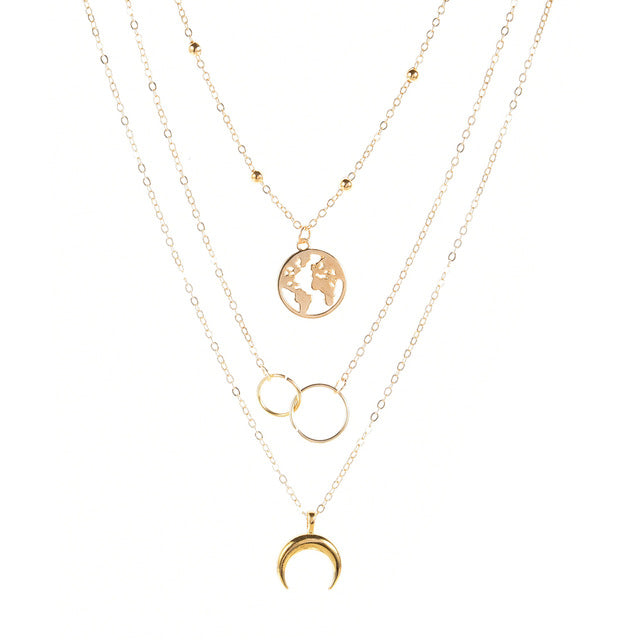 Retro Moon World Map Circle Pendant Multilayer Necklace