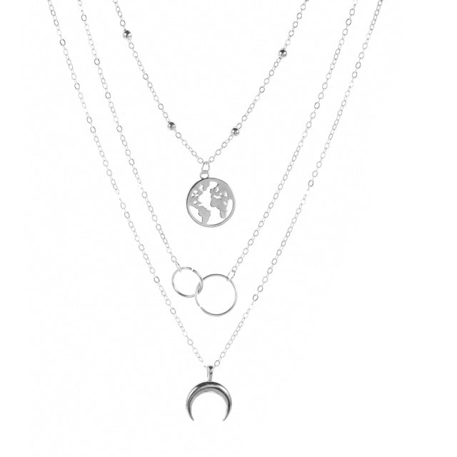 Retro Moon World Map Circle Pendant Multilayer Necklace