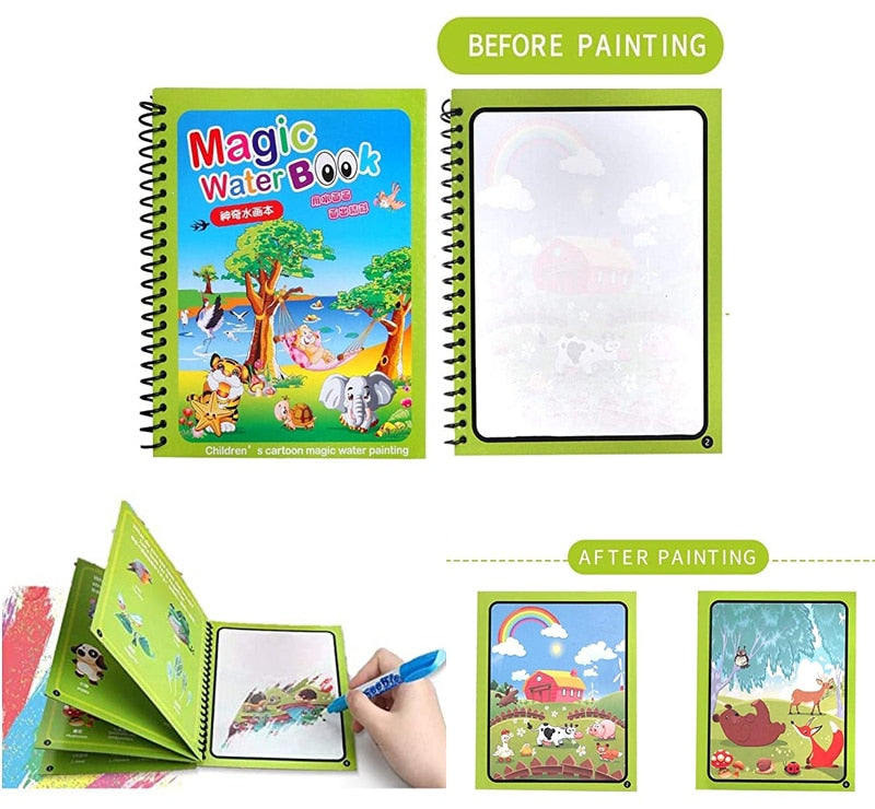 Doodle Magic water coloring cartoon book and pen.