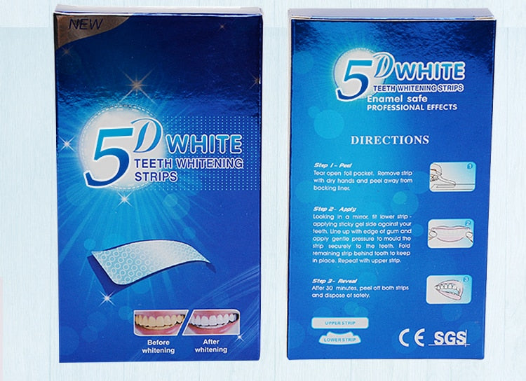 M`J 5D Gel Teeth Whitening Strips dental kit.