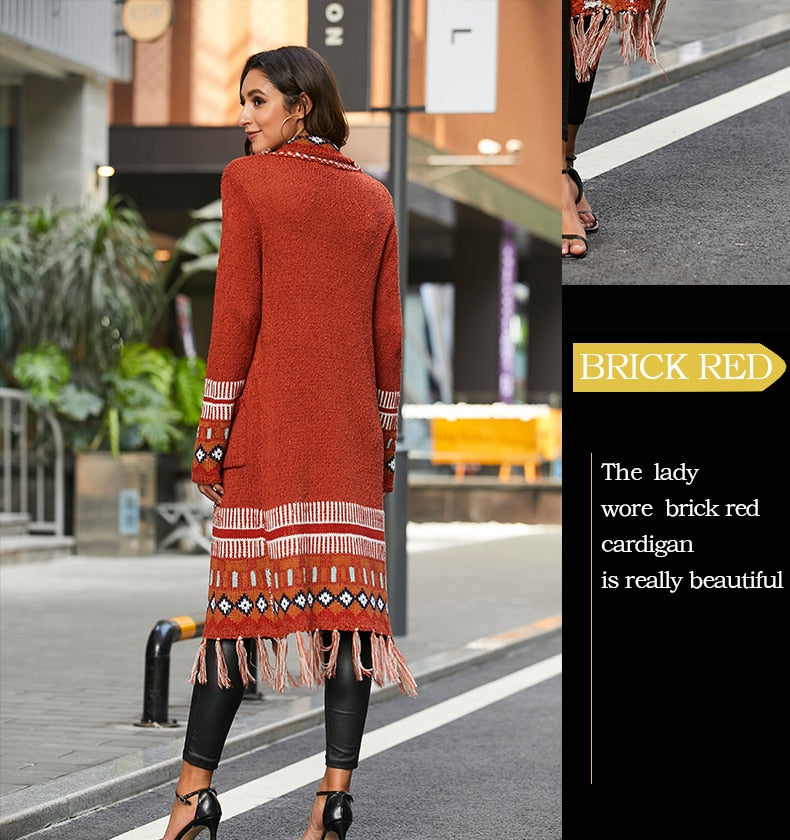 CGYY Long Sleeve Knitted Plaid Open Front Sweaters with Fringe Tassel.