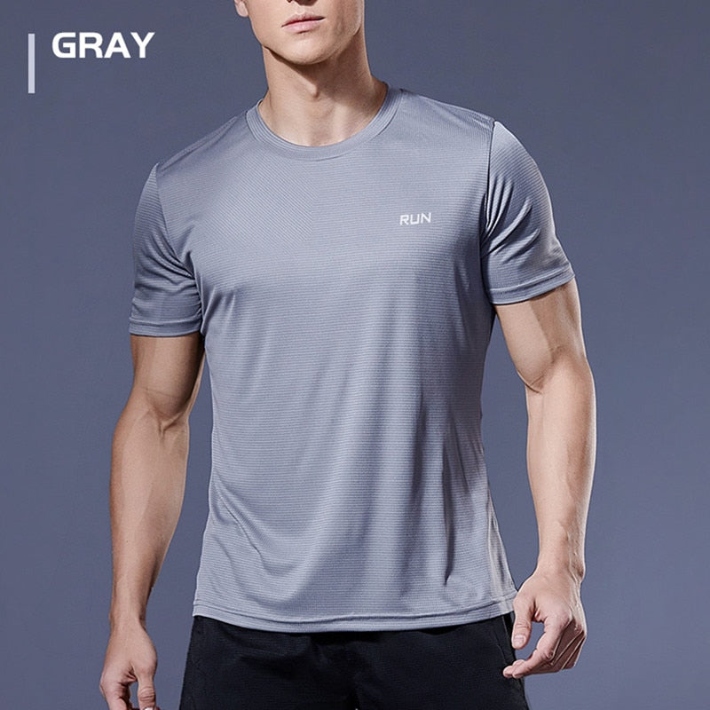 Men's multicolor short sleeve gym shirts. Quick drying, breathable sportswear
