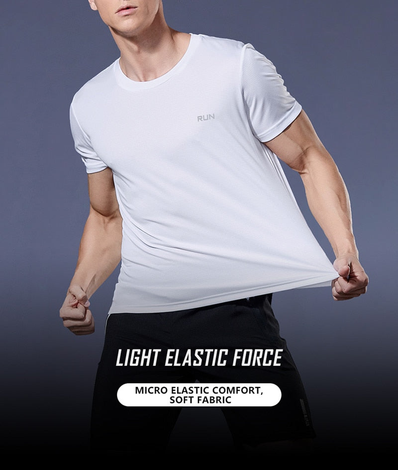 Men's multicolor short sleeve gym shirts. Quick drying, breathable sportswear