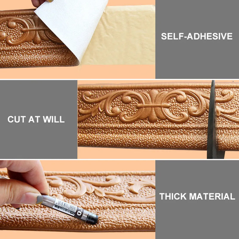 10m/Roll 3D Self-Adhesive Waterproof Vinyl Wall Trim For Skirting ,Border Or Baseboards  DIY R